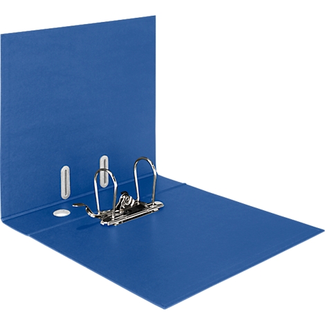 Offener blauer Aktenordner mit silberner Mechanik vor weißem Hintergrund.