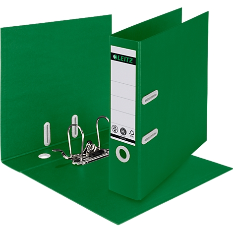 Grüner Leitz-Ordner, geöffnet. Der Ordner hat einen weißen Aufkleber mit dem Leitz-Logo. Die Metallmechanik ist sichtbar.