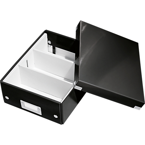 Black archive box with lid, white interior, with dividers.