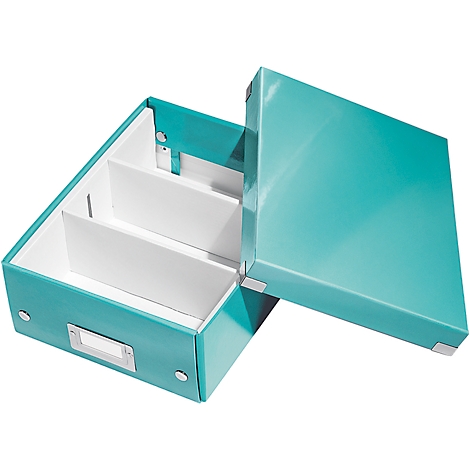 Turquoise storage box with lid; internal division with white compartments.