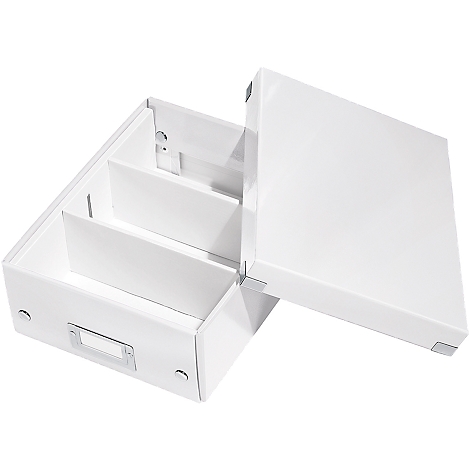 White storage box with open lid. The box is divided into three compartments and has a label holder.