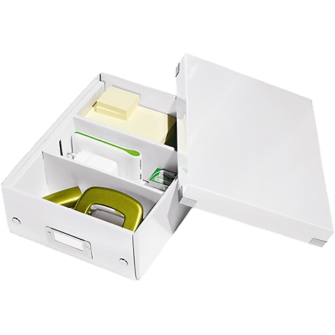 White storage box with office supplies: sticky notes, hole punch, stapler. The lid is slightly open.