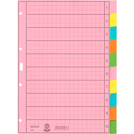 Pink grid sheet protector with colored tabs. Printed logos and numbers.