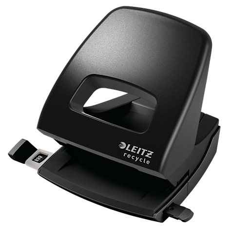 Perforateur noir avec le logo Leitz. Le perforateur est doté d'un butée papier pratique.