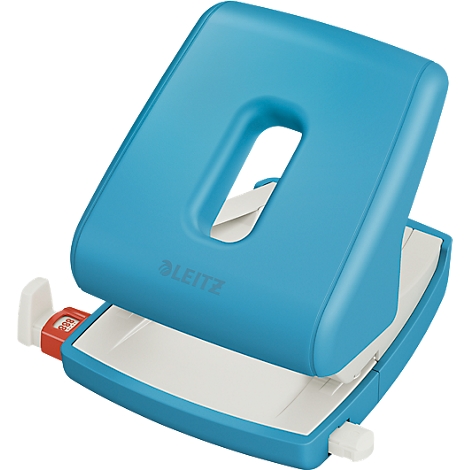 Light blue hole punch with white paper, Leitz lettering. Red adjuster.