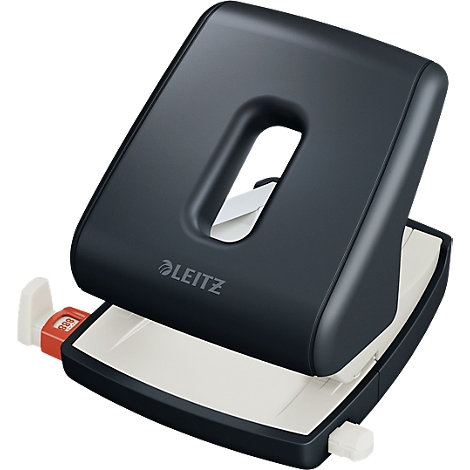 Black Leitz hole punch. The hole punch is open, the hole base is light gray.