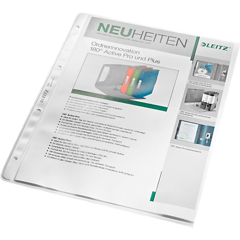 Information sheet in a clear pocket with product image and information on Leitz products.