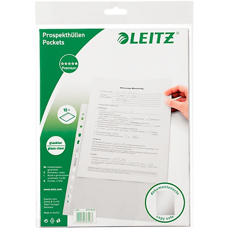 Clear file packet with paper. A hand holds a document in a sleeve. The product name and manufacturer are on the packet.