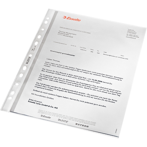 A white sheet of paper in a transparent protective sleeve with text. A company logo and letterhead are visible on the paper.
