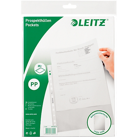 Clear pocket pack with documents, LEITZ logo, and "document safe" sticker.