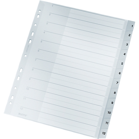 Transparent, punched document dividers with 12 numbered tabs. Lines mark the page divisions.