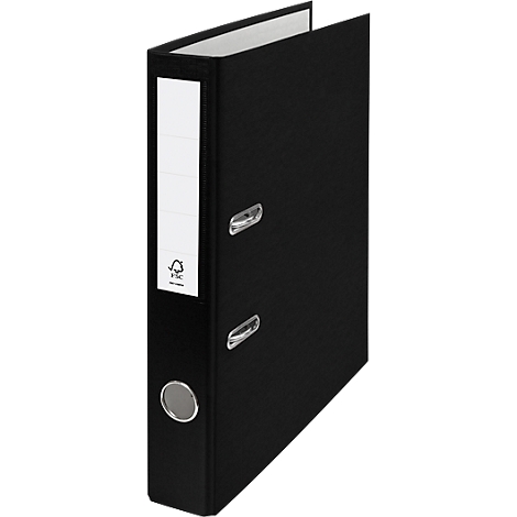 Black ring binder with white spine and fiber certificate.