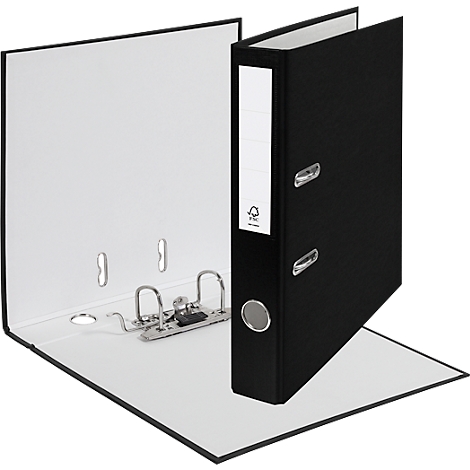 A black file folder, opened, showing the inside with metal clips and a white label with text.