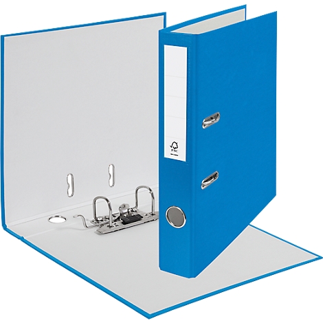 Blue binder with white label, opened. White inside, metal mechanism. FSC symbol.