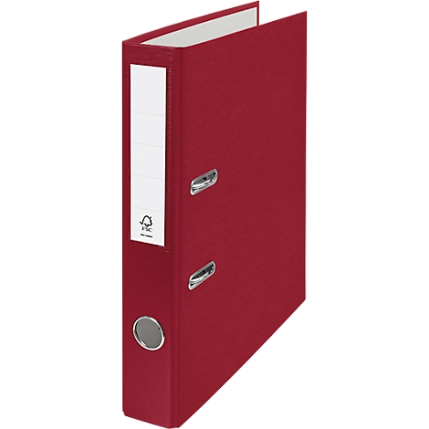 Red file folder with white label and FSC mark.