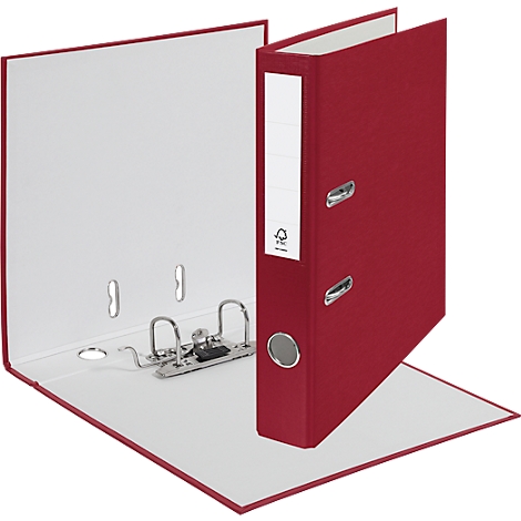 Open red binder with white paper, metal mechanism, and blank white labels.