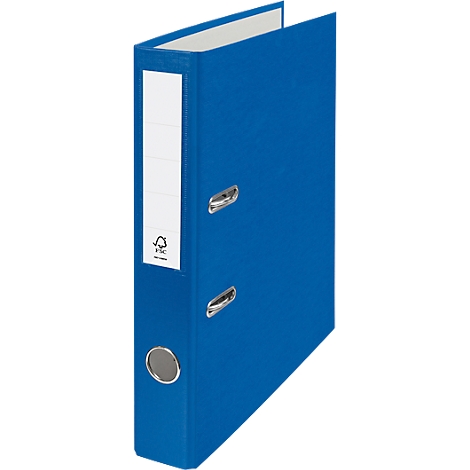 Blue binder, with white label and silver levers, stands upright.