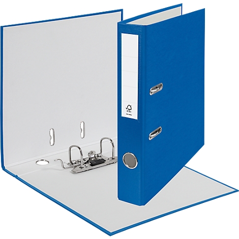 Blue file folder, open, with white interior. There is a white label on the spine. The folder is slightly open.