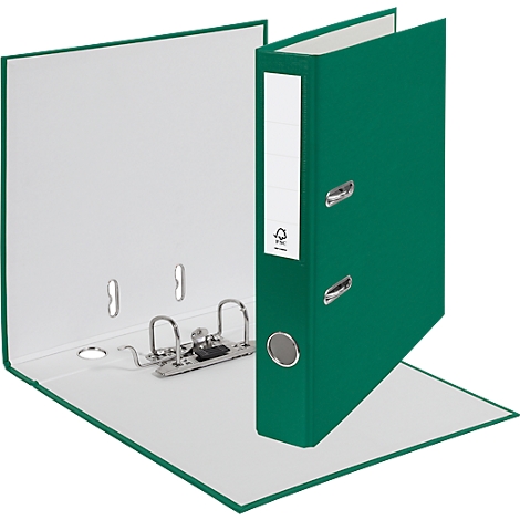 Open green binder with white interior and metal mechanism. White label on the side.