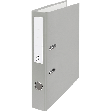 Grey file folder with white label. Metal rings and Fsc logo.