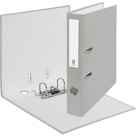 Gray binder with open lid. There is a white label on the lid. The binder is in front of a white background.