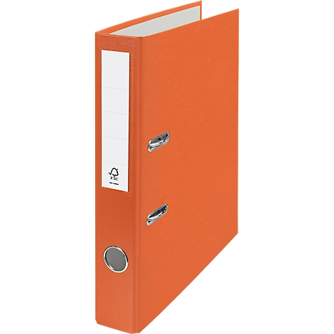 An orange ring binder with a white label and metal rings.