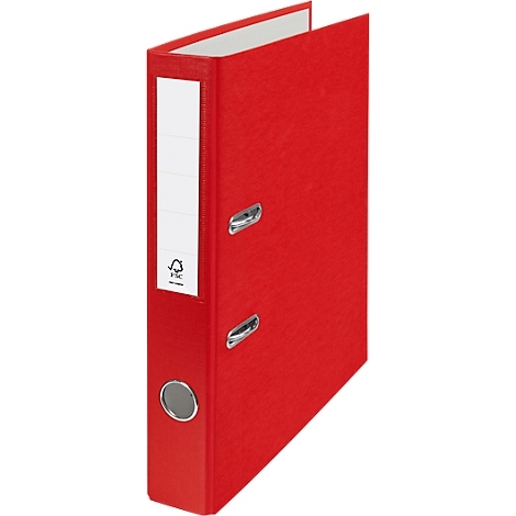 Red file folder, upright. White label with lines on the spine. Fsc logo.