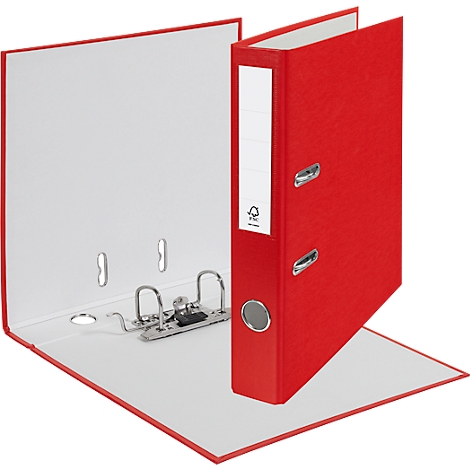 Red file folder, open. The spine shows a white label field. The paper in the folder is white.