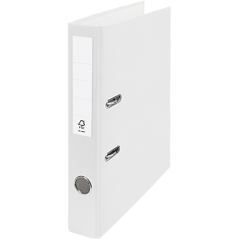 White binder with metal clasps, label and FSC logo.