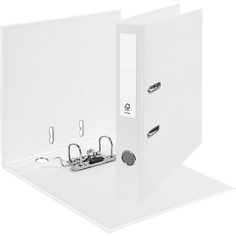 White binder, opened. Metal mechanism and label. FSC mark is indicated.
