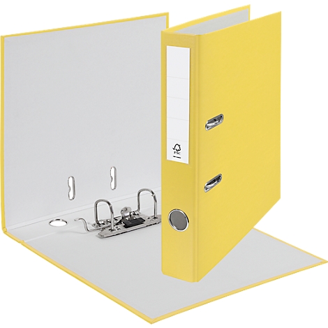 Yellow file folder, open. The inside of the left side is white, the right side stands upright. Metal mechanism.