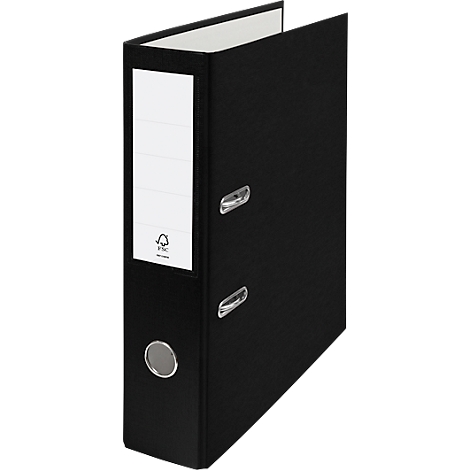 Black file folder, open. A white label on the spine marked with the FSC logo.
