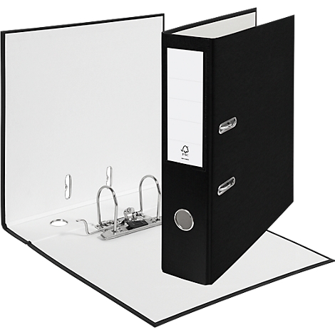 Black open binder on white background. White inside, black outside with white label.
