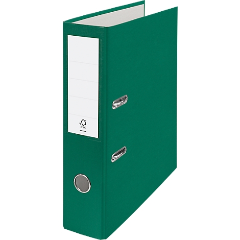 Green file folder with white label and metal fittings.