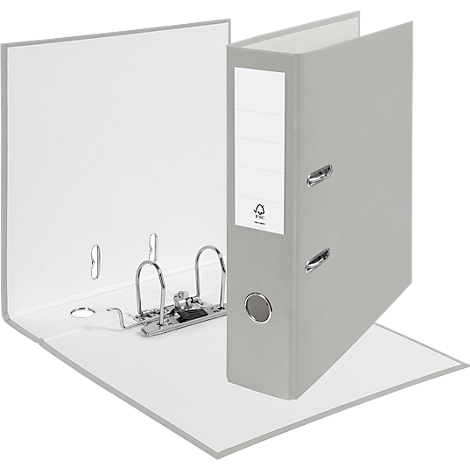 Grey binder, open, with blank label, open mechanism and FSC logo.