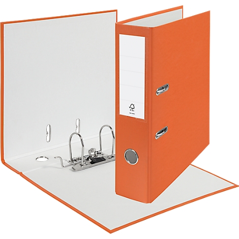 Open orange binder. White inner pages. A label is on the spine.