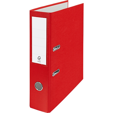 Red file folder with white label and metal elements. The folder is open.