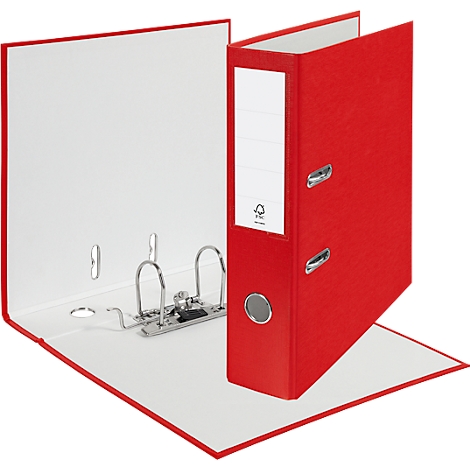 Red file folder, shown open, with white interior and metal lever mechanism.