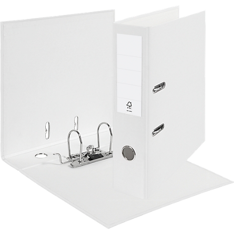 Opened white binder with metal lever arch mechanism and label field, paper seal.