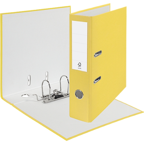 Yellow file folder, opened with white interior and silver lever mechanism. On the outside, a white label and an FSC seal.
