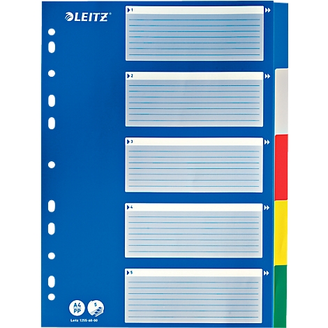 Blue Leitz index folder with 5 transparent, writable tabs and colored dividers.