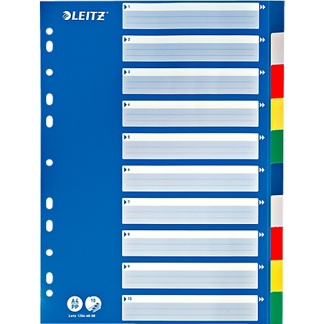 Blue Leitz index card set with 10 white labelable tabs. Each tab is numbered. The A4 format and PP quality are indicated.