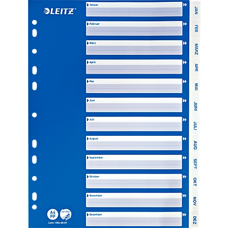 Blue Leitz A4 PP sheet with monthly labels: January to December.