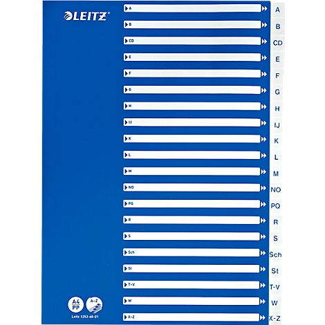Blue Leitz index with letters A-Z. Leitz logo and product information on the left. Division by white stripes with letters.