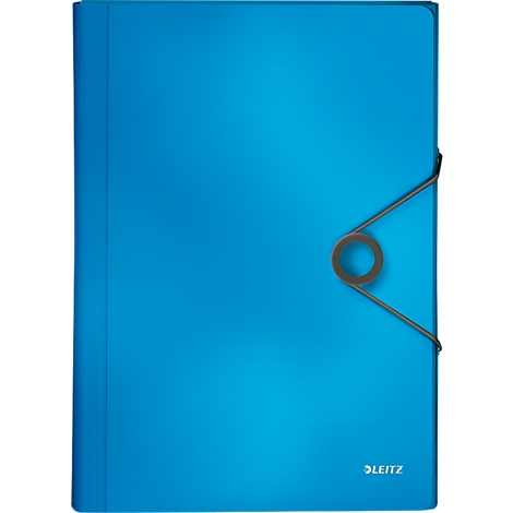 Blue file folder with elastic band closure and manufacturer logo.