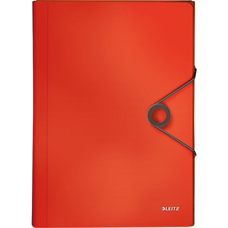 Red Leitz folder. A black rubber band closes the document.