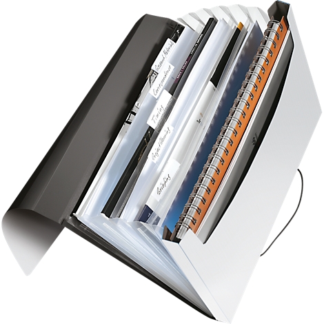 Open white file folder with black edges, filled with documents and a spiral notebook.