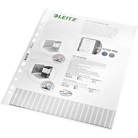 Blatt mit Produktinformationen, Leitz-Logo, Grafiken und Texten, in einer Klarsichthülle.
