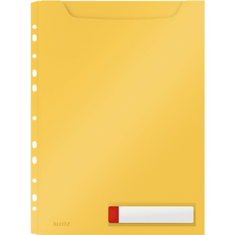 Gelbe, gelochte Klarsichthülle mit rotem Label. Oben mit einer Aussparung.