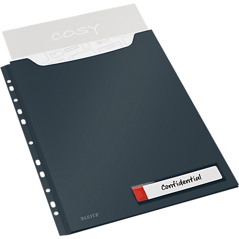 Dunkelblauer Prospekthalter mit gelochtem Rand, in dem sich ein Dokument mit dem Wort "Cosy" befindet. Ein Aufkleber mit dem Wort "Confidential" ist auf dem Halter angebracht.